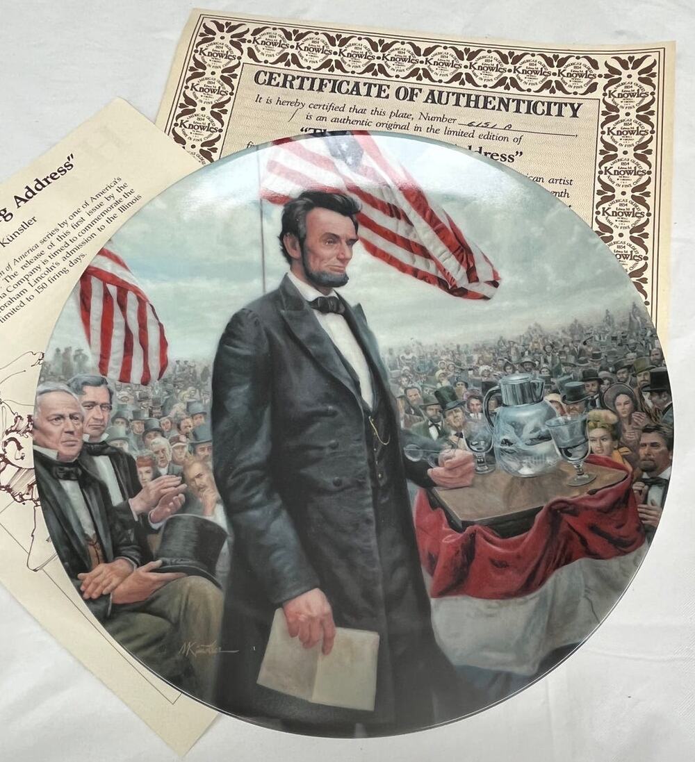 Vintage Edwin Knowles "The Gettysburg Address"plate. 1986. With COA